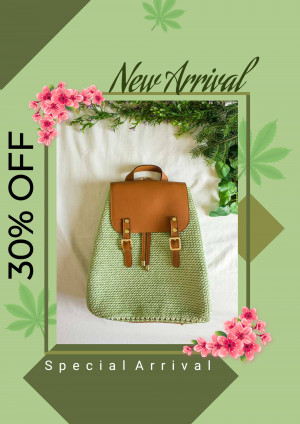Light green woven backpack with brown leather accents and floral decorations, on sale.