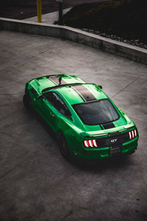 Rear view of a vibrant green Ford Mustang GT with white racing stripes