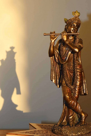 Bronze statue of Lord Krishna playing a flute, casting a shadow on the wall.