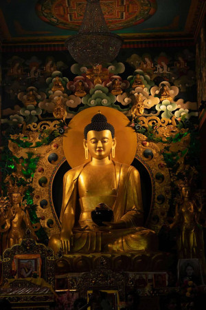 A golden statue of Buddha in a temple