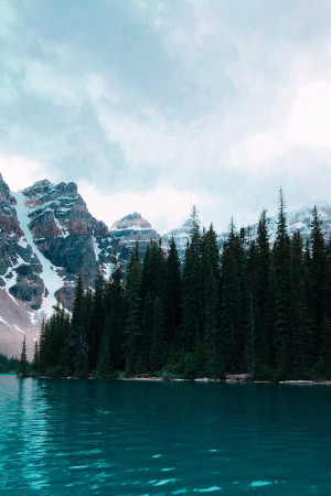 Scenic view of Moraine Lake with snow-capped mountains and evergreen trees