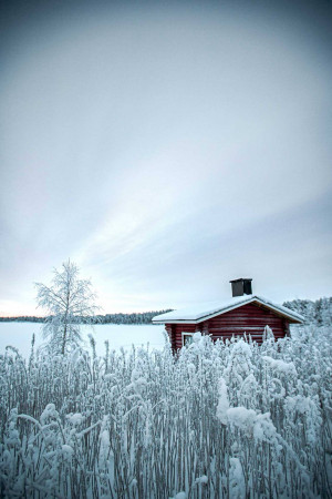 A small red cabin covered in snow in a winter landscape.
