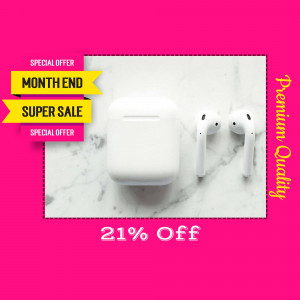 White Apple AirPods with charging case and a promotional offer banner