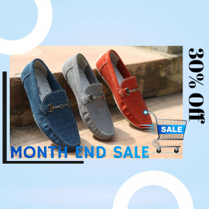 Three pairs of men's loafers in blue, grey, and red with a sale promotion.