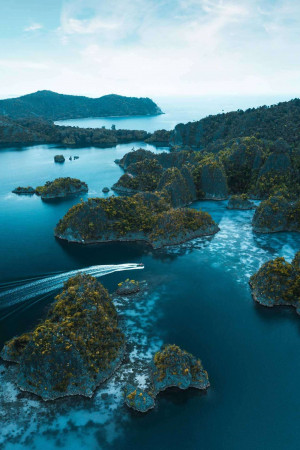 Aerial view of lush green islands and turquoise waters in Raja Ampat, Indonesia.