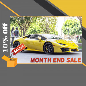 Yellow Lamborghini Huracan on display with a sale promotion