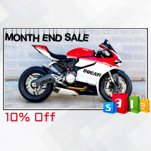 Red, white, and black Ducati motorcycle on sale with shopping bags