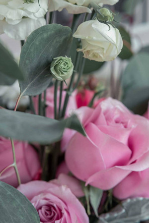 Close-up of a bouquet with pink and white roses and green foliage