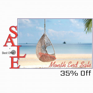 White hanging chair on a beach with a sale promotion