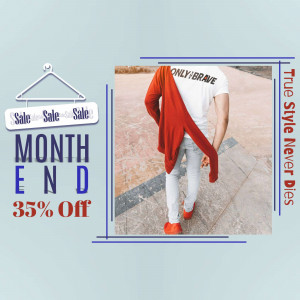 Man walking away wearing a red cardigan and white t-shirt with a sale banner.