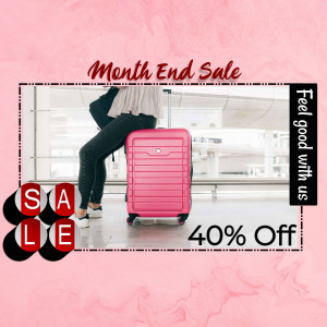 Pink luggage on sale with a woman at the airport