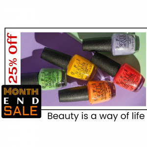 Assortment of OPI nail polish bottles with a 25% off sale promotion.