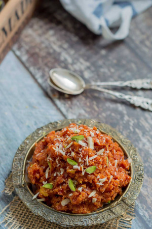 Close-up of Gajar ka Halwa served in a decorative bowl