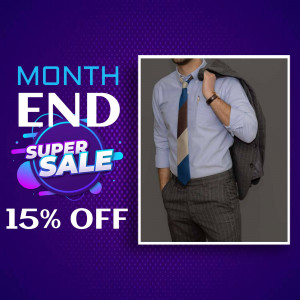 Man in business attire promoting a month end sale with 15% discount.