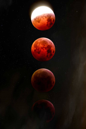 A composite image showing the stages of a lunar eclipse with the moon transitioning from full to fully eclipsed and back.