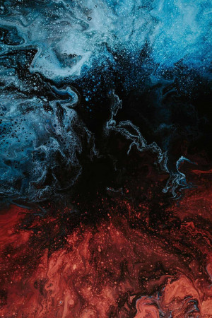 Abstract painting with swirling blue, black, and red colors