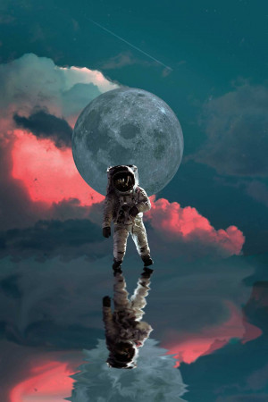 Astronaut floating in space with a moon and red clouds in the background