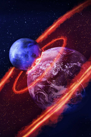 Two planets colliding in space with red energy rings