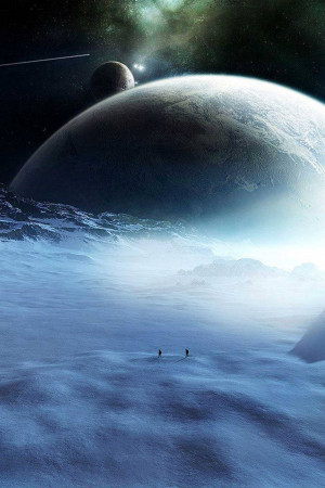A digital painting of a frozen planet with two figures in the distance.