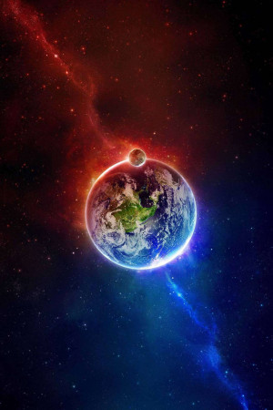 A digital illustration of Earth and its moon surrounded by a nebula and stars.