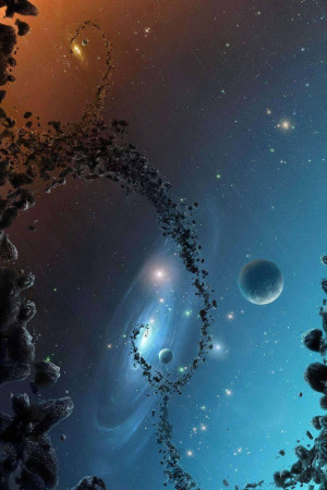 A digital illustration of a cosmic event with colliding galaxies and asteroid fields.