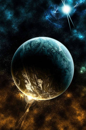 A digital illustration of a planet in space with a nebula background.