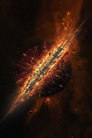 Abstract digital art depicting a fiery explosion in space