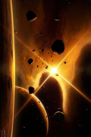 A digital painting of a sun rising over a rocky asteroid field in space.