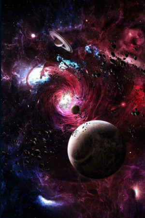 A vibrant and colorful depiction of a cosmic whirlpool with planets and rings.
