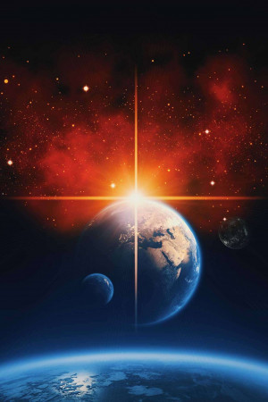 Planet Earth emerging from a vibrant nebula in space