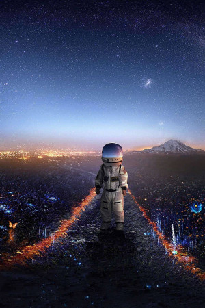 Astronaut standing on a hill overlooking a city at night under a starry sky.
