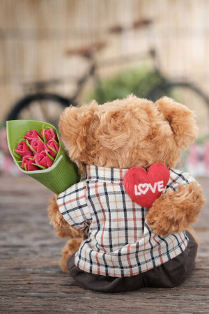 A teddy bear holding a bouquet of pink tulips and wearing a shirt with a heart-shaped 'LOVE' patch.