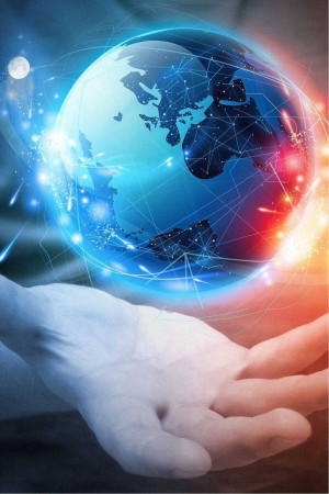 A hand holding a glowing globe with a network of connections