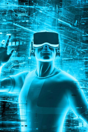 Person wearing a VR headset interacting with a digital interface