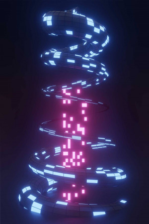A digital rendering of a DNA helix made of glowing neon lights.