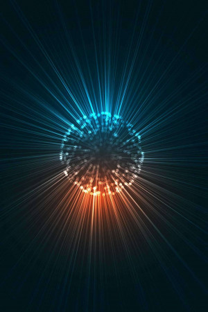Abstract image of a glowing sphere with radiating lines of light in blue, orange, and white.