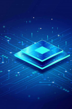 Isometric illustration of a blue circuit board with glowing lines and a central microchip.