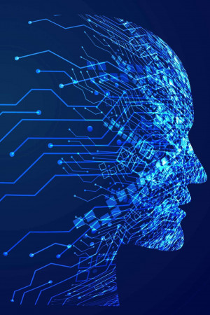 Abstract digital illustration of a human head composed of circuit board lines and nodes.