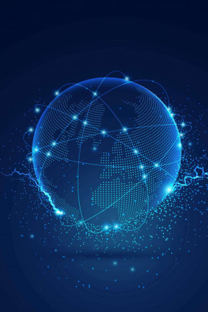 Digital globe with connecting lines and dots representing a global network.