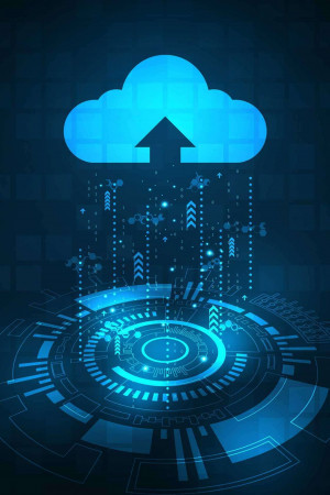 Abstract digital illustration of a cloud with data streams and a circular technology base.