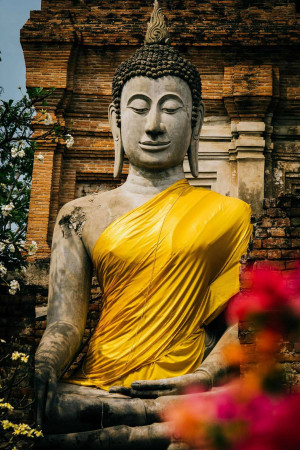 Close-up of a weathered Buddha statue with a golden robe, set against a brick temple wall and vibrant flowers.