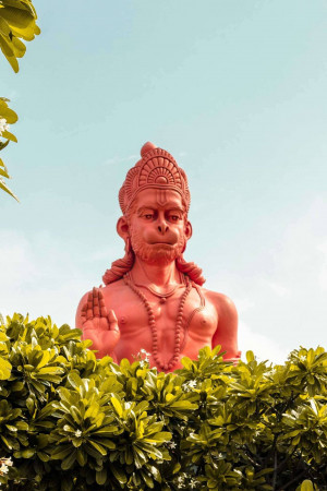 Close-up of a red Hanuman statue with a green foliage foreground and blue sky background.
