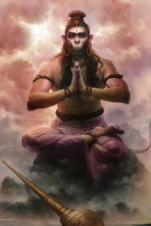 Digital painting of Lord Hanuman in a meditative pose with hands in Namaste