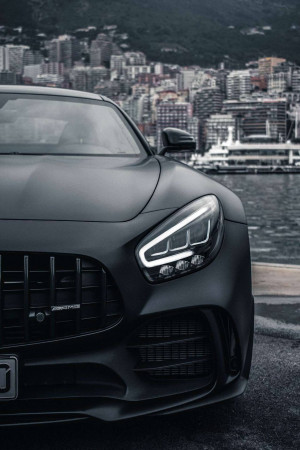 Close-up of a sleek, black Mercedes-AMG GT parked with a city skyline and harbor in the background.
