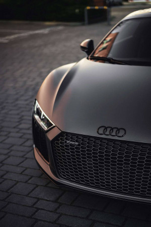 Close-up of a gray Audi R8 sports car