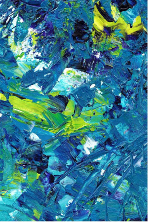 Close-up of an abstract painting with bold blue and yellow brushstrokes