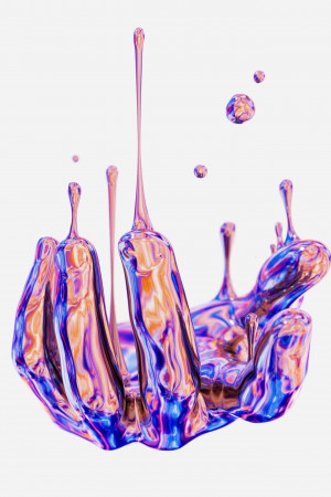 Abstract image of a colorful liquid splash with iridescent hues of blue, purple, and orange.