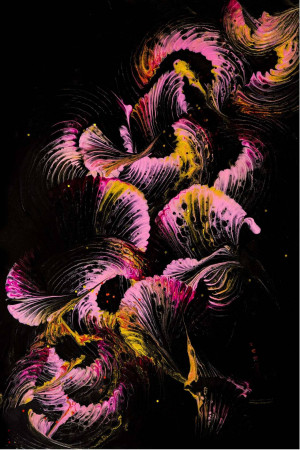 Abstract painting with flowing pink, yellow, and black colors resembling floral shapes.