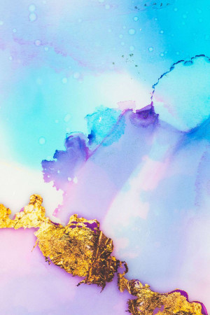 Abstract art with flowing blue, purple, and gold watercolor textures.