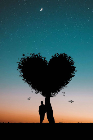 Silhouette of a tree forming a heart shape with a person standing beneath it under a starry night sky.